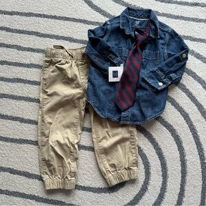 GAP Denim Shirt with Khaki Joggers and Striped Tie 18-24M